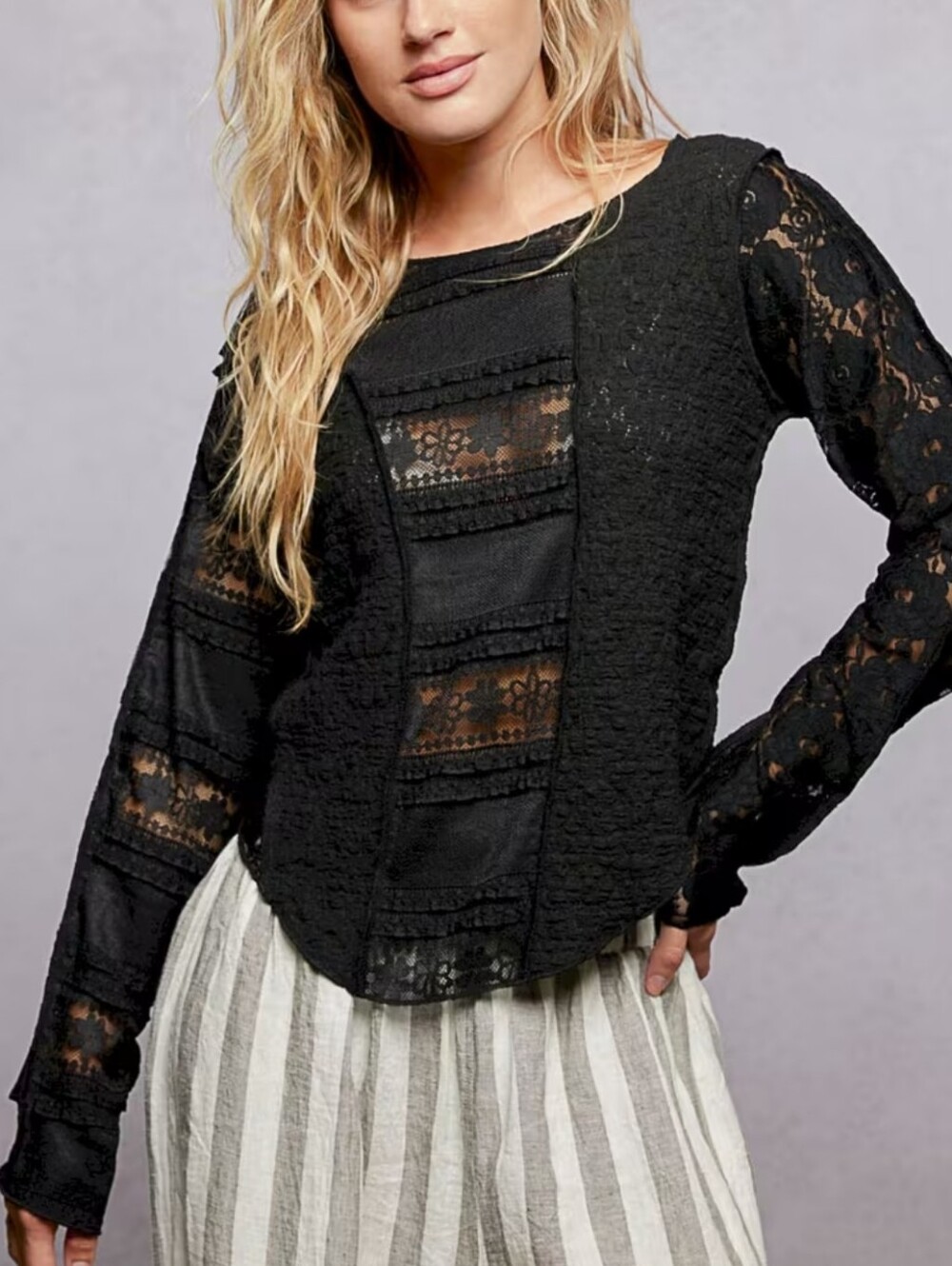 326.POL Black Lace Panel Long-Sleeve Top
